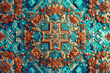Fototapeta premium Intricate mandala design featuring vibrant blues and warm colors in a symmetrical pattern.