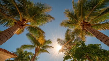 Fototapeta premium Feel the warmth of the sun as golden rays filter through tall palm trees, creating a tranquil ambiance perfect for a peaceful vacation at a beautiful beach location