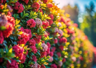 Obraz premium Close-up Blooming Hedge Sunny Day - Lush Green Spring Flowers