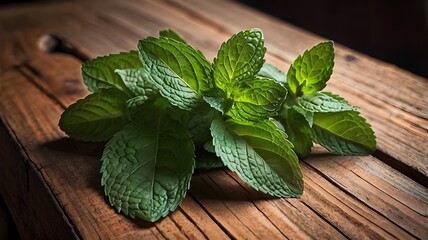 fresh mint on wooden background, Fresh green mint, Fresh Green Mint Leaves on Rustic Wooden Table with Copy Space