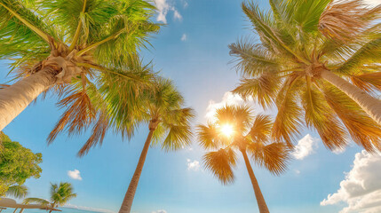 Towering palm trees create a vibrant backdrop under a clear blue sky, capturing the essence of a sun-soaked escape to the beach. Perfect for vacation vibes and relaxation