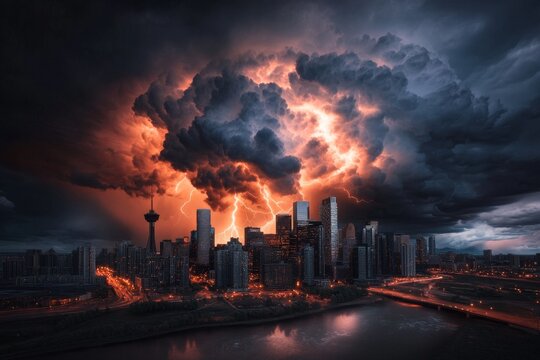 A thunderstorm rolling throughout a city skyline, with lightning bolts illuminating the dark clouds