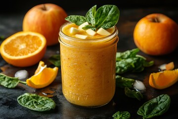 Orange apple smoothie recipe, dark background