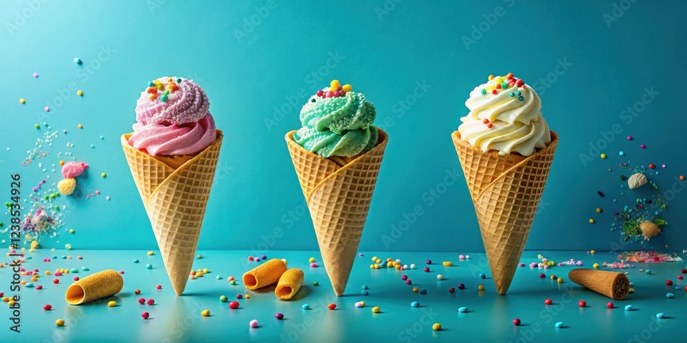 Poster three delectable ice cream cones adorned with colorful sprinkles, resting on a vibrant teal surface 