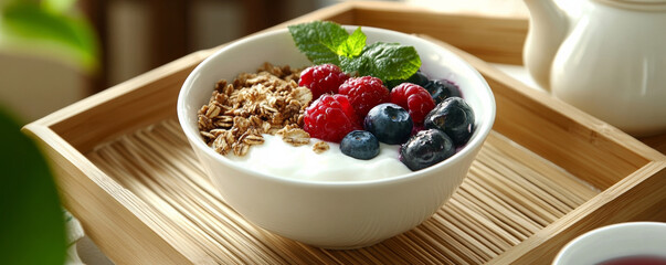 Yogurt bowl topped with granola, blueberries, raspberries, and mint leaves, served in wooden tray. healthy and colorful breakfast option