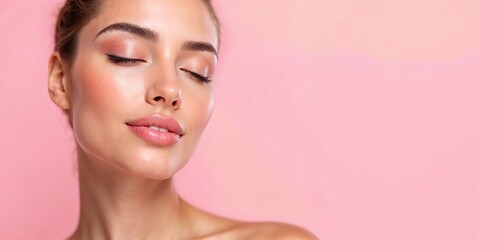 Obraz premium Close up portrait of a beautiful young woman with perfect skin enjoying a moment of relaxation