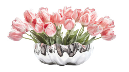 Obraz premium Pink tulips blooming in silver vase on transparent background