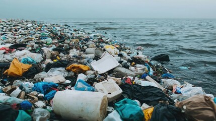 Climate change global warming concept. A beach littered with plastic waste and debris, highlighting environmental concerns.