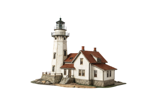 White brick lighthouse tower accompanied by a cozy red-roofed cottage. Rich in nautical charm, resting on a rugged foundation, isolated on a transparent background