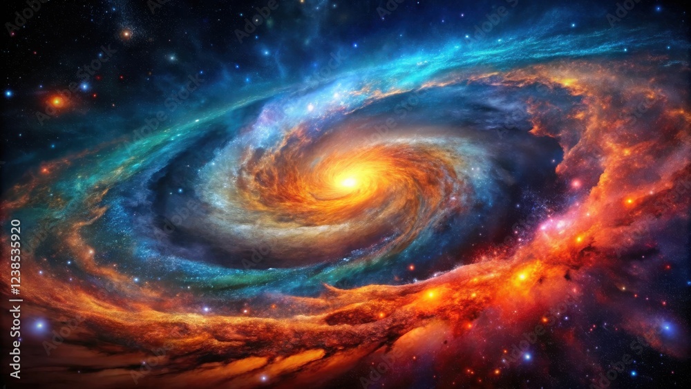 Poster a fiery cosmic swirl, a mesmerizing nebula in deep space, with vibrant colors and celestial wonders