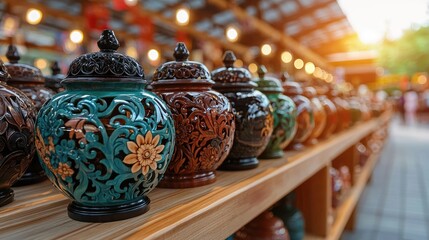 Ornate pottery jars displayed at market stall