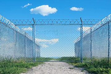 barbed wire fence with path leading through it under blue sky. scene evokes sense of confinement and freedom, contrasting barrier with open sky