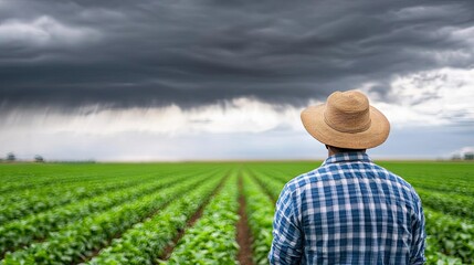 Greenhouse gas climate change idea. A farmer stands in a green field under a dramatic sky, contemplating the coming storm.