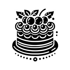A delectable black and white graphic design of a layered cake adorned with cherries, perfect for bakery logos or culinary-themed artwork.
