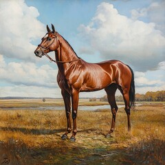Chestnut horse portrait in a field.