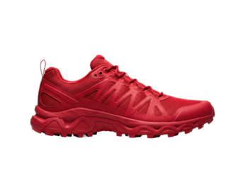 Side view of red trail running shoe or trekking boot isolated on white background, no depth of field, sharp.
