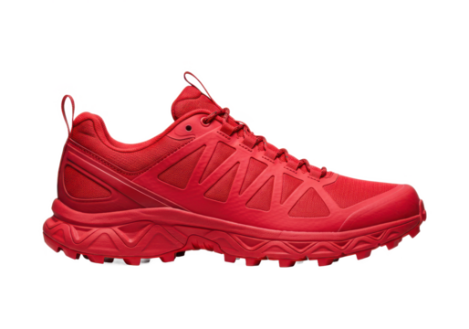 Side view of red trail running shoe or trekking boot isolated on white background, no depth of field, sharp.