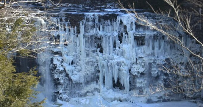 Slow Motion Frozen Salmon River Falls with Trees