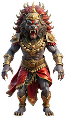 Fototapeta premium A fearsome Rakshasa, a demon from Indian mythology, with the body of a humanoid and the face of a lion. Isolated on a white background. For Gaming and Fantasy projects. 