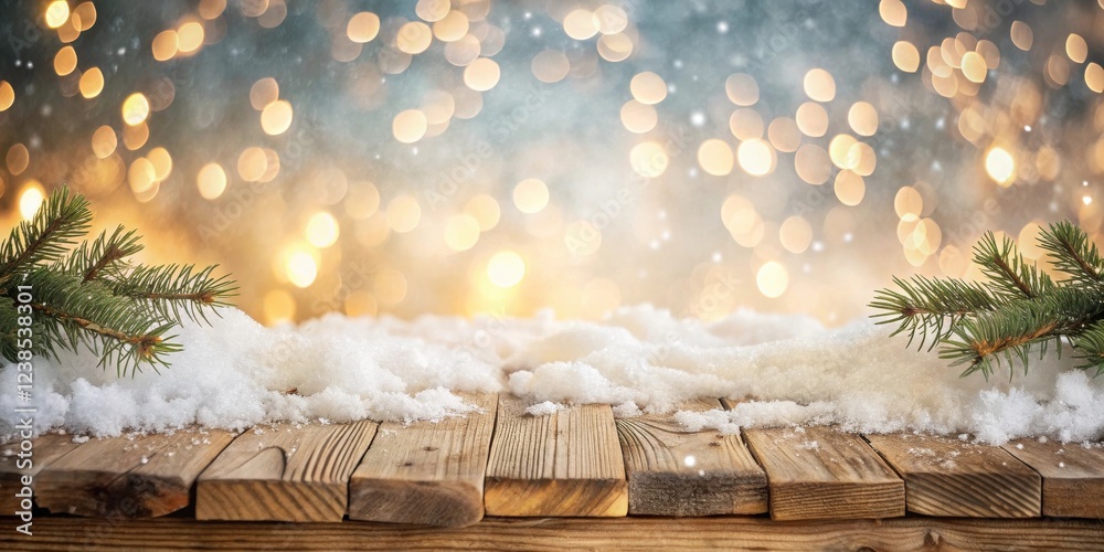 Poster Rustic Wooden Table Covered in Fresh Snow with Evergreen Branches and a Sparkling Festive Background