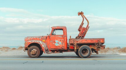 Rusting Tow Truck Abandonment, an old tow truck stands forlornly by the roadside, its missing rear hook symbolizing neglect amidst a minimalist backdrop and open space.