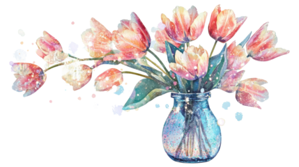 Watercolor painting of pink and peach tulips in a blue glass vase on transparent background