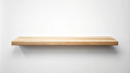 Empty light wood shelf on a white wall, perfect for product display