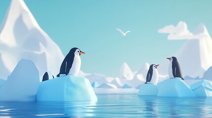Fototapeta premium Penguins on icebergs in a minimalist polar landscape with a gull flying