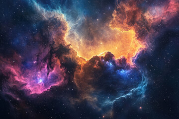 Dramatic celestial formation with orange, blue, and pink nebulous clouds swirling in deep space.
