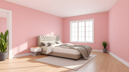 Interior of minimalistic bedroom with pink walls, wooden floor, master bed with original headboard and large window. 3d rendering. Generative AI