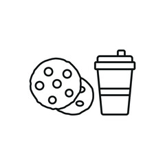 Drink and chocolate chip cookies set food icon in flat style, featuring a refreshing beverage in a cup with a straw and a stack of delicious chocolate chip cookies.