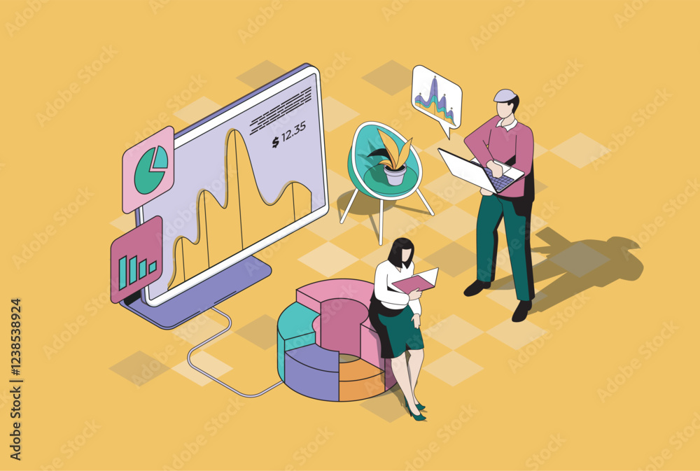 Poster Business statistics web concept in 3d isometric graphic design. Isometry people scene with team analyzing stock market on diagrams, researching charts and graphs at screens. Vector illustration.