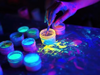 Glowing paints with artist hand in dark background with creative colors