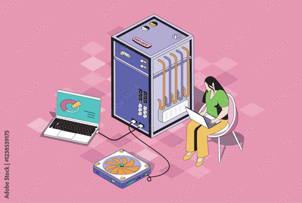 Aufkleber Data centre web concept in 3d isometric graphic design. Isometry people scene with woman working as tech administrators, monitoring system and infrastructure, supporting servers. Vector illustration.