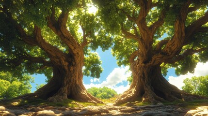 Fototapeta premium Majestic Twin Oaks: A Sunlit, Dreamlike Landscape