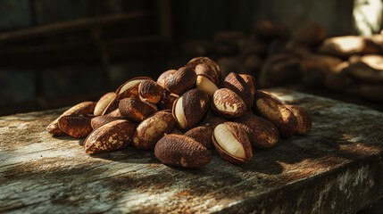pile of Brazil nuts on weathered wooden surface, showcasing their unique textures and colors. natural setting adds rustic charm to scene