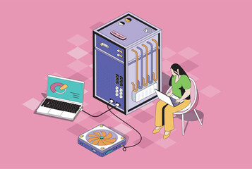 Data centre web concept in 3d isometric graphic design. Isometry people scene with woman working as tech administrators, monitoring system and infrastructure, supporting servers. Vector illustration.