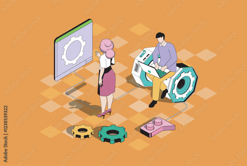 Poster Development web concept in 3d isometric graphic design. Isometry people scene with developer team engineering project prototype with innovations, programming and coding at screen. Vector illustration.