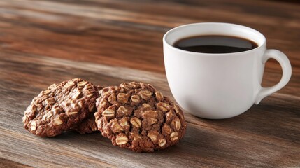 Chocolate oatmeal cookies and coffee on wood