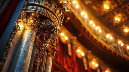 Obraz premium close up of vintage theater architecture showcasing ornate columns and warm lighting, creating inviting and nostalgic atmosphere