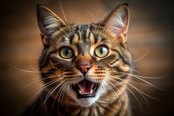 Fototapeta premium Close-up of Adorable Brown Tabby Cat Meowing, Sweet Domestic Kitten Portrait