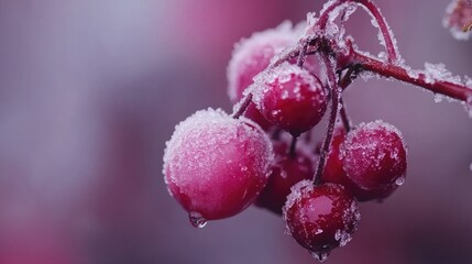 Frozen red berries on a branch with ice crystals and drops of water close up