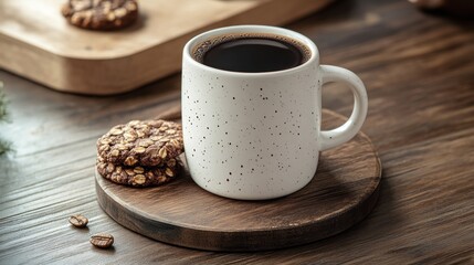 Coffee break mug, cookies, wood table