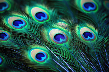Obraz premium Close-up of vibrant peacock feathers with shimmering iridescent green and blue eye patterns.