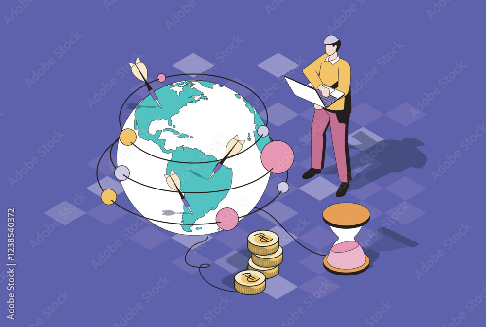 Poster Global strategy web concept in 3d isometric graphic design. Isometry people scene with man developing worldwide business, planning company branches open and developing processes. Vector illustration.