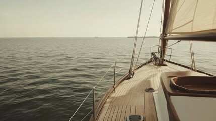 Fototapeta premium Sailing yacht deck, ocean voyage, calm sea, sunset