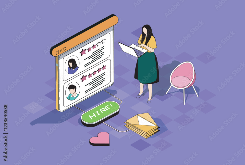 Poster hr process web concept in 3d isometric graphic design. isometry people scene with woman working as h