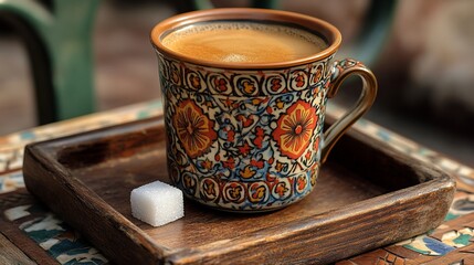 Aromatic coffee in an ornate mug on a wooden tray with a sugar cube.