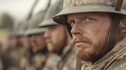 Serious soldier in historical reenactment, battlefield background