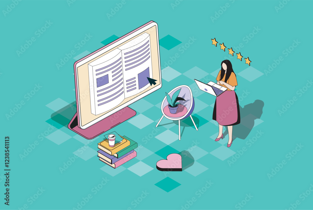 Aufkleber Online reading web concept in 3d isometric graphic design. Isometry people scene with woman reading e-book or textbook at laptop, buying electronic literature at online bookstore. Vector illustration.